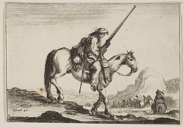 A soldier on horseback, holding a musket in his right hand, in profile descending a slope towards the right, other soldiers on horseback to right in the background, plate 12 from "Various Figures" (Agréable diversité de figures), by Stefano della Bella