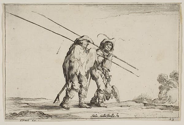 Two pikemen walking towards the right, each with their pikes in their right hands, plate 13 from "Various Figures" (Agréable diversité de figures), by Stefano della Bella