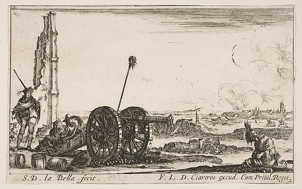 A cannon to the left, a town in the background, plate 2 from "Various Military Caprices" (Varii capricci militari), by Stefano della Bella