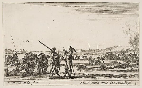 An officer giving orders to a soldier in centre foreground, cannon at left, plate 3 from "Various Military Caprices" (Varii capricci militari), by Stefano della Bella