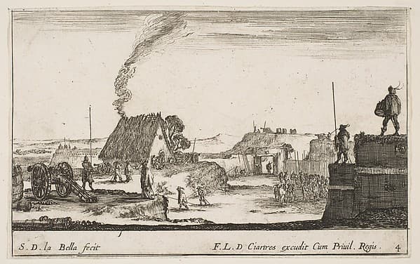 A military encampment with a soldier standing on a parapet to the right beating a drum, plate 4 from "Various Military Caprices" (Varii capricci militari), by Stefano della Bella