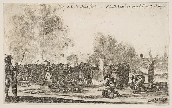 Battery of cannons firing on a city, plate 6 from "Various Military Caprices" (Varii capricci militari), by Stefano della Bella