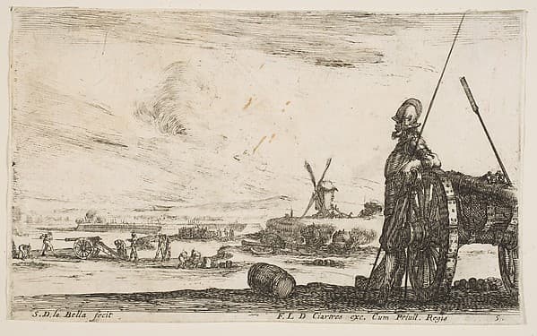 A Pikeman standing at right next to a canon, other military figures in the background, plate 5 from "Various Military Caprices" (Varii capricci militari), by Stefano della Bella