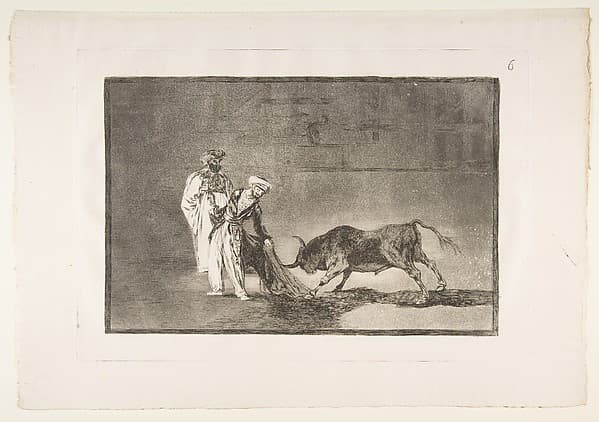 Plate 6 from "La Tauromaquia": The Moors make a different play in the ring calling the bull with their burnous, by Goya (Francisco de Goya y Lucientes)
