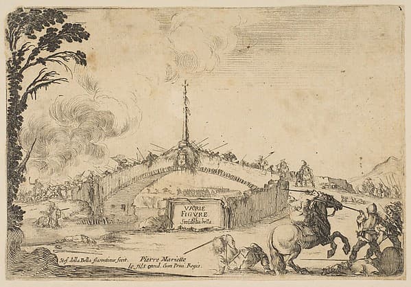 Combat on a bridge, a horseman and two footsoldiers battle with swords at bottom right, one footsoldier on the ground to left of the horseman, various soldiers with swords on the bridge in the background, French coat of arms displayed in center of bridge, title page of "Varie figure", by Stefano della Bella