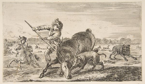 Stag at bay, from "Animal hunts" (Chasses à différents animaux), by Stefano della Bella