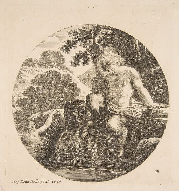 Young Satyr About to Bathe in a River, from "Landscapes and seaports" (Paysages et ports de mer, dans des ronds), by Stefano della Bella