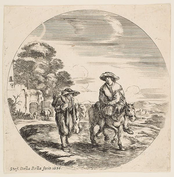 Landscape with Two Peasants, One Riding a Horse, from "Landscapes and seaports" (Paysages et ports de mer, dans des ronds), by Stefano della Bella