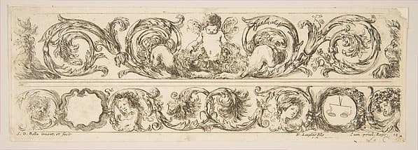 Two Acanthus Friezes: Cupid Subduing Two Lions; Heads of Four Seasons, plate 14 from "Decorative friezes and foliage" (Ornamenti di fregi e fogliami), by Stefano della Bella