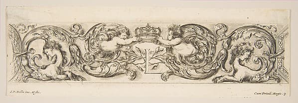Rinceaux with Two Children Holding a Royal Crown Over the Letter "L," plate 3 from "Decorative friezes and foliage" (Ornamenti di fregi e fogliami), by Stefano della Bella