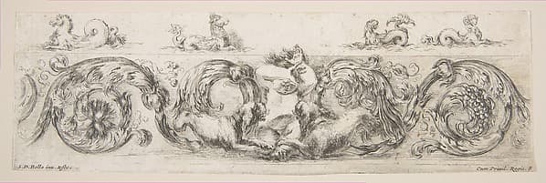 Rinceaux with Child Frightened by Dogs, plate 8 from "Decorative friezes and foliage" (Ornamenti di fregi e fogliami), by Stefano della Bella