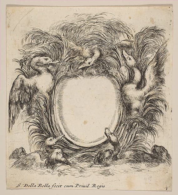Cartouche Framed by Ducks and Weeds, by Stefano della Bella