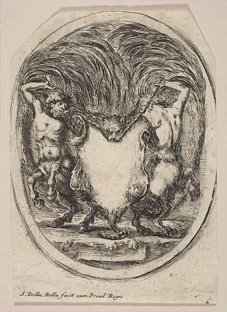 Cartouche Formed by a Tiger Skin Flanked by Two Centaurs, by Stefano della Bella