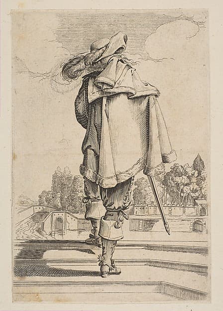 Gentleman in a Cape and Plumed Hat Seen from the Back, by Anonymous, French, 17th century