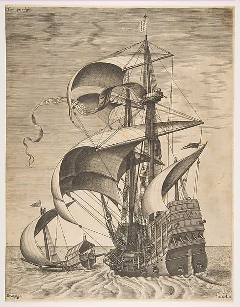 Armed Three-Master on the Open Sea Accompanied by a Galley, from the series Sailing Vessels, by Pieter Bruegel the Elder