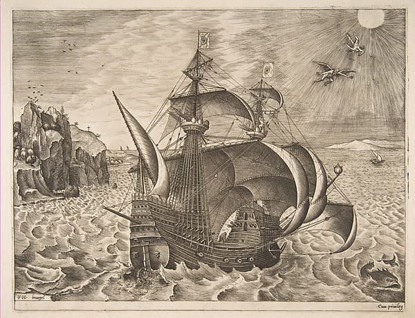 Armed Three-master with Daedalus and Icarus in the Sky from The Sailing Vessels, by Pieter Bruegel the Elder