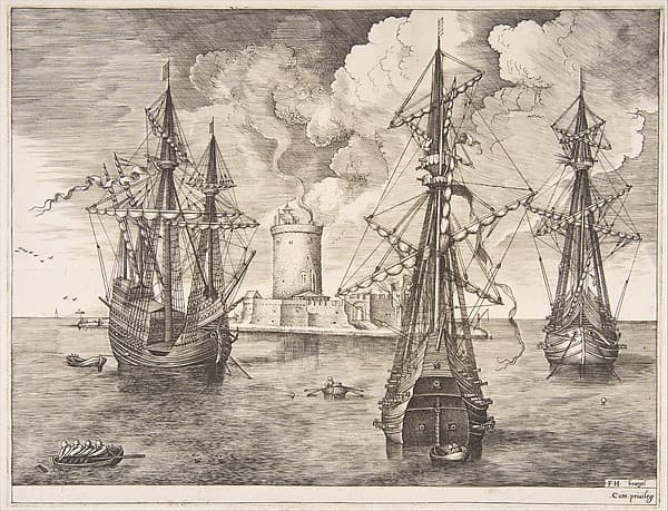 Four-master and Two Three-masters Anchored near a Fortified Island, from "The Sailing Vessels", by Pieter Bruegel the Elder