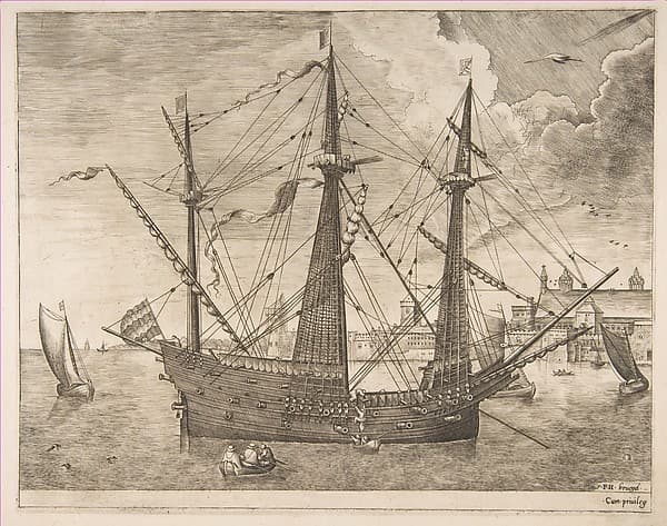 Armed Three-Master Anchored Near a City from The Sailing Vessels, by Frans Huys