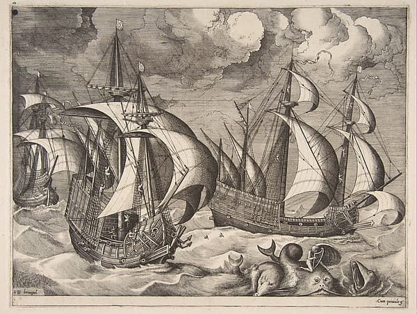 Three Caravels in a Rising Squall with Arion on a Dolphin from "The Sailing Vessels", by Pieter Bruegel the Elder