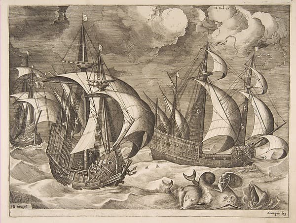Three Caravels in a Rising Squall with Arion on a Dolphin from The Sailing Vessels, by Pieter Bruegel the Elder