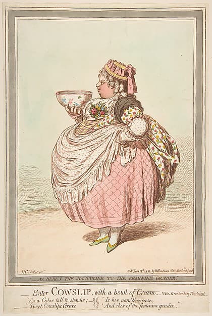 Enter Cowslip with a Bowl of Cream. - vide Brandenburg Theatricals, by James Gillray