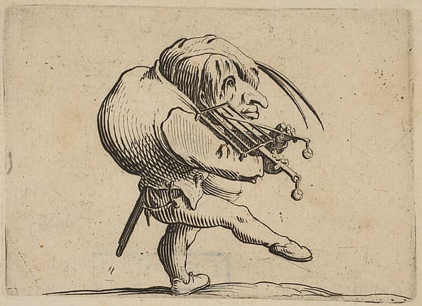 L'Homme Raclant un Gril en Guise de Violon (Man Scraping a Grill in the Guise of a Violin), from "Varie Figure Gobbi, suite appelée aussi Les Bossus, Les Pygmées, Les Nains Grotesques" (Various Hunchbacked Figures, The Hunchbacks, The Pygmes, The Grotesque Dwarfs), by Jacques Callot