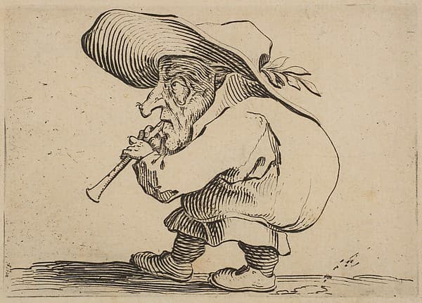Le Joueur de Flageolet (The Flageolet Player), from "Varie Figure Gobbi, suite appelée aussi Les Bossus, Les Pygmées, Les Nains Grotesques" (Various Hunchbacked Figures, The Hunchbacks, The Pygmes, The Grotesque Dwarfs), by Jacques Callot