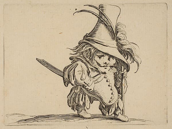 L'Homme au Ventre Tombant et au Chapeau Très Élevé (The Man with a Drooping Belly and a Very Tall Hat), from "Varie Figure Gobbi, suite appelée aussi Les Bossus, Les Pygmées, Les Nains Grotesques" (Various Hunchbacked Figures, The Hunchbacks, The Pygmes, The Grotesque Dwarfs), by Jacques Callot