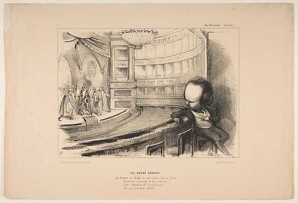 'Les Bulos Graves', Victor Hugo at his play 'Les Burgraves', from 'La Caricature', by Jean-Pierre Moynet