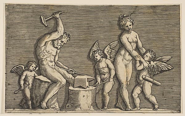 Vulcan seated hammering on an anvil flanked by Venus and three cupids, by Marco Dente