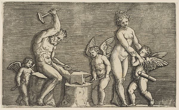 Vulcan seated hammering on an anvil flanked by Venus and three cupids, by Marco Dente