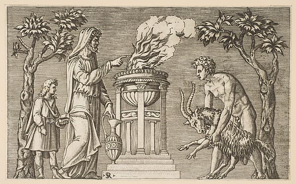 The Sacrifice of a Ram; naked man at right guiding a ram towards an altar pyre, hooded priest at left with a young attendant, by Marco Dente