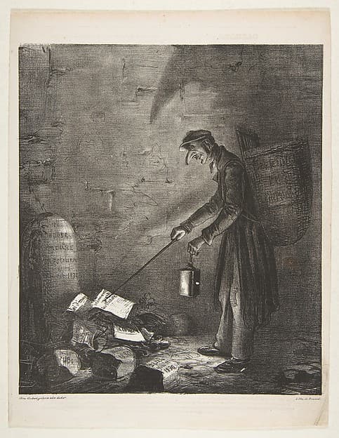 Masked Man using a Lantern to Collect Discarded Pamphlets by a Tombstone, from "Le Charivari", by Benard