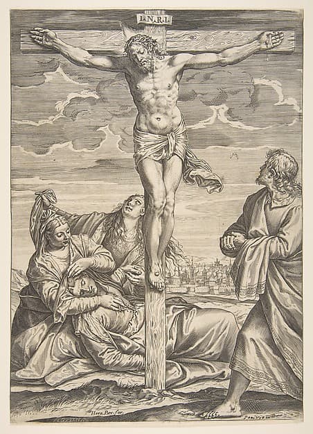 Christ on the cross, Saint John to the right looking toward him, to the left is the fainting Virgin Mary supported by two women, by Agostino Carracci