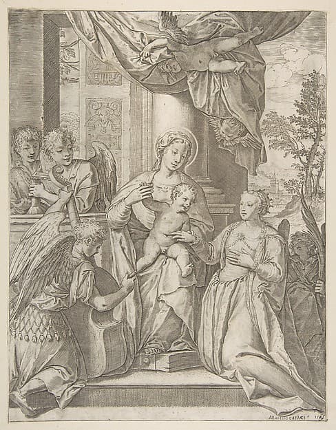 The mystic marriage of Saint Catherine who sits at center with the Christ child, angels with instruments at the left, by Agostino Carracci