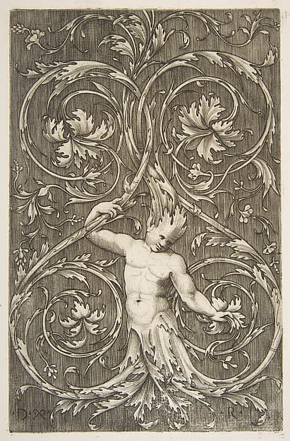 Grotesque with male figure with lower body and head of acanthus scrolls, by Marco Dente