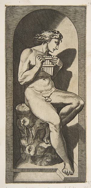 Olympus naked seated on a tree stump holding pipes, set within a niche, by Marco Dente