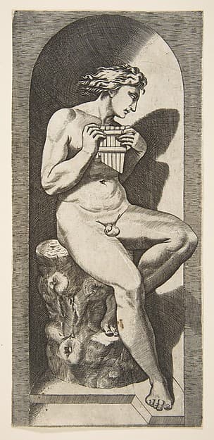 Olympus naked seated on a tree stump holding pipes, set within a niche, by Marco Dente