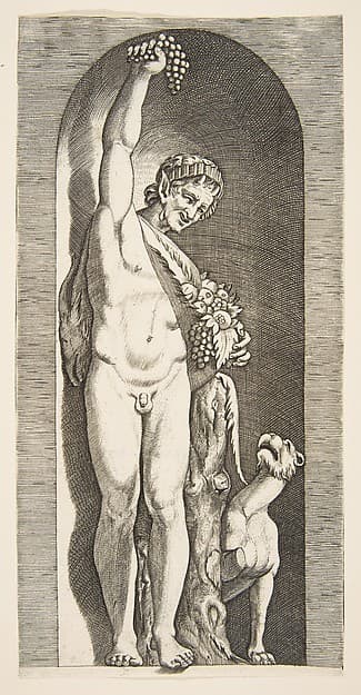 A faun standing in a niche holding aloft a bunch of grapes with his right hand and fruit with his left hand, a dog lower right, by Marco Dente