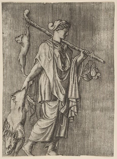 Woman returning from a hunt carrying a boar in her right hand and a stick on her left shoulder to which a hare and two ducks are tied, by Marco Dente