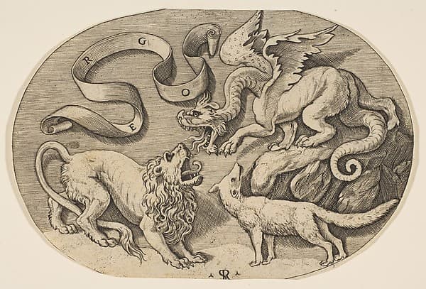 A lion, dragon and fox fighting each other, an inscribed banderole above, an oval composition, by Marco Dente