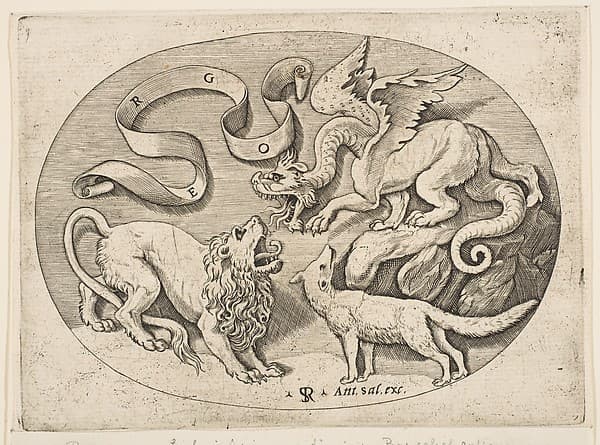 A lion, dragon and fox fighting each other, an inscribed banderole above, an oval composition, by Marco Dente