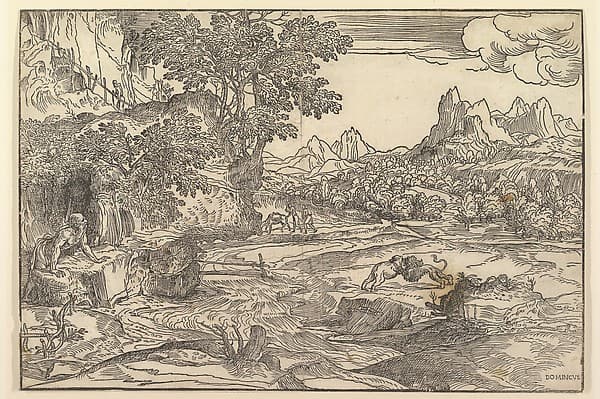 Landscape with Saint Jerome at left looking towards lion and bear fighting at center; two figures with mule in the background, by Domenico Campagnola