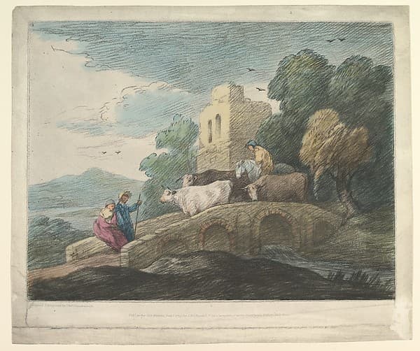 Wooded Landscape with Herdsmen Driving Cattle over a Bridge, Rustic Lovers and Ruined Castle, by Thomas Gainsborough
