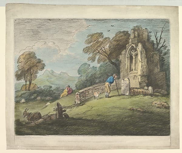 Wooded Landscape with Peasant Reading Tombstone, Rustic Lovers and Ruined Church, by Thomas Gainsborough