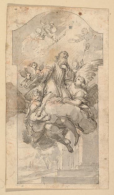 The Ascension of Saint Benedict; verso: Ornamental sketches, by Hans Georg Asam