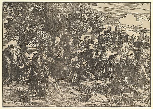 Mary seated beneath trees with baby, flanked by Joseph at left and St. Jerome at right; St. John the Baptist seated in the foreground holding a cross; a man stooping to pick up a child at left; a lion seen from behind at right; a town in the background, by Domenico Campagnola