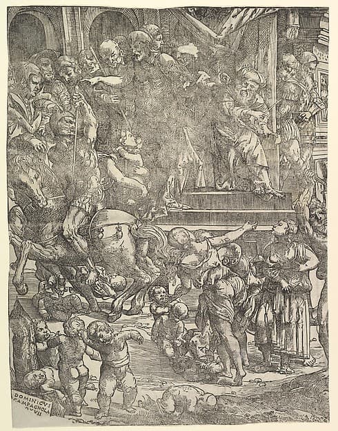 The Massacre of the Innocents (Left side), with man on horseback at center left, women and children below, group of figures standing on steps above, Herod seated on throne at upper right, by Domenico Campagnola