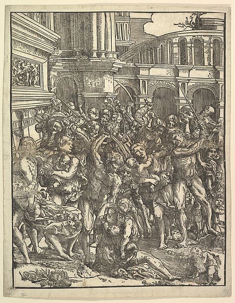 The Massacre of the Innocents (Right side) with group of male figures attacking women and children; classical buildings in the background, by Domenico Campagnola