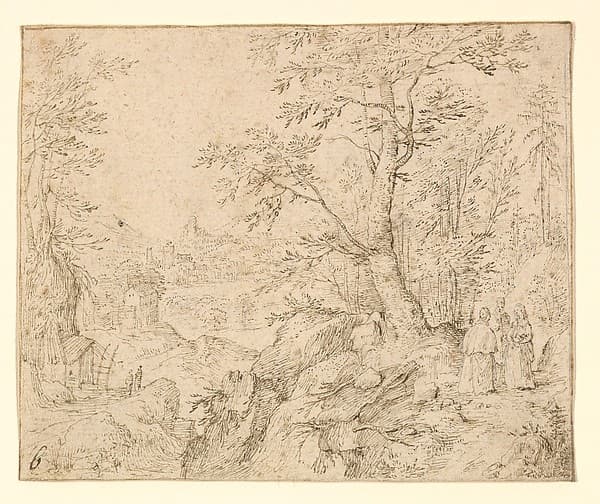 Rugged Wooded River Landscape with Travellers on a Road and a Town Beyond, by Philip van den Bossche